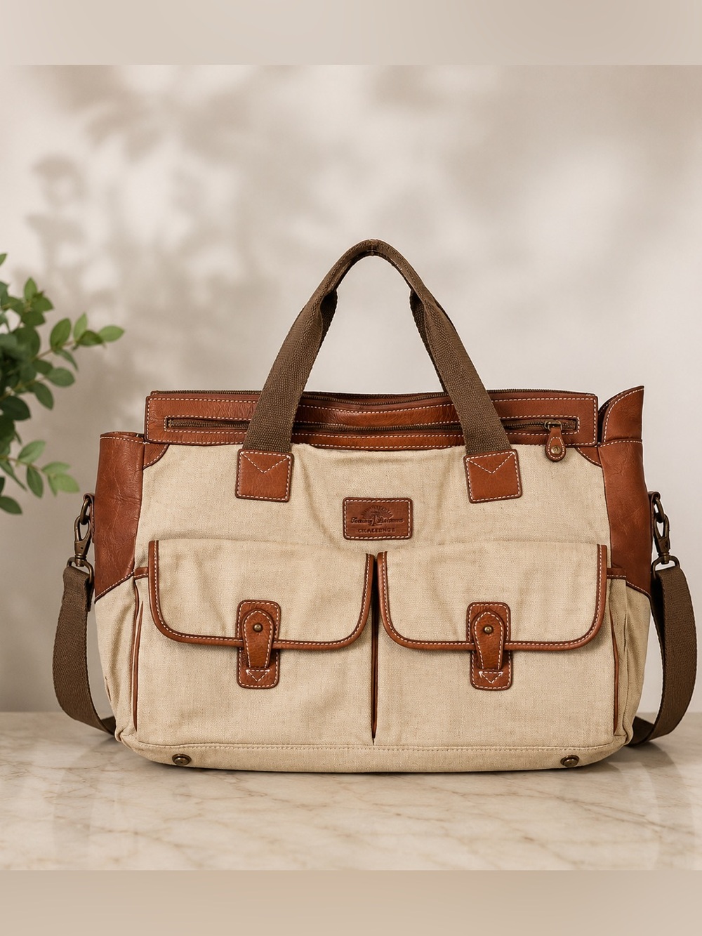 Tommy Bahama Challenge Canvas Leather Messenger Bag Travel Satchel Brown Beige